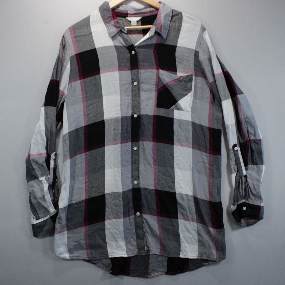 Cato Women L Plaid Flannel Button Up Shirt Grey Black Cowgirl Rodeo Western Tee